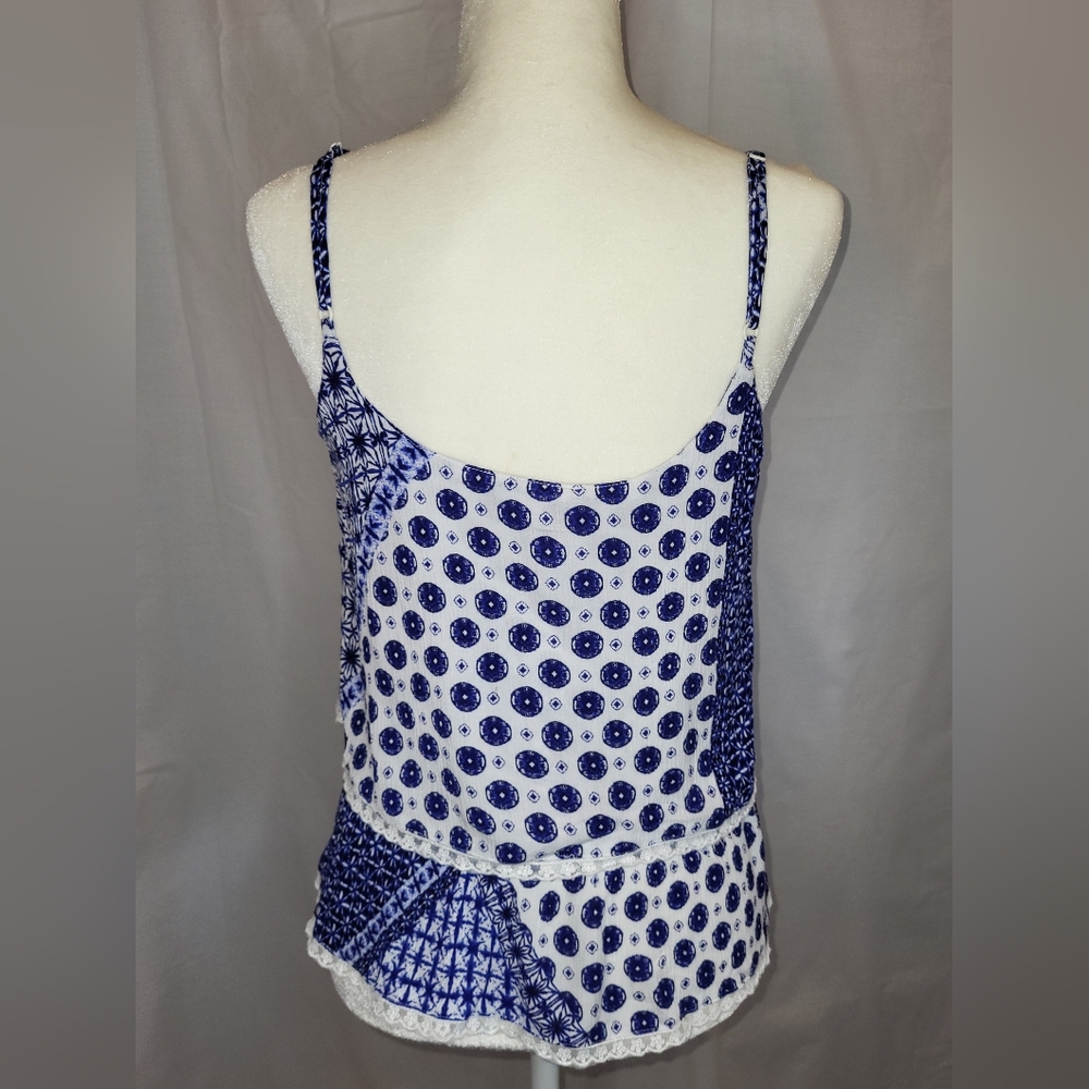 Alya Brand Blue/White Ruffled Abstract Tank Blouse - Size M
